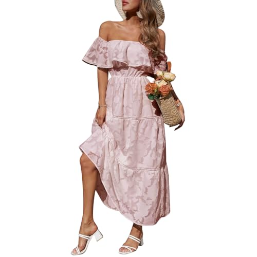 IMEKIS Damen Boho Sommerkleid Rüsche Off Schulter Spitzekleid Lange Maxi Strandkleid Einfarbige Empire Taille Freizeitkleid Elegante Hochzeit Brautjungfer Partykleid Rosa XL von IMEKIS