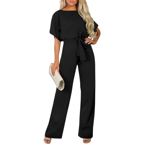 IMEKIS Damen Breites Bein Jumpsuit Elegante Party Sommer Playsuit Kurzarm Rundhals Overalls Hosenanzug Einfarbige Loose Fit Gürtel Strampler Hosen Schwarz XL von IMEKIS