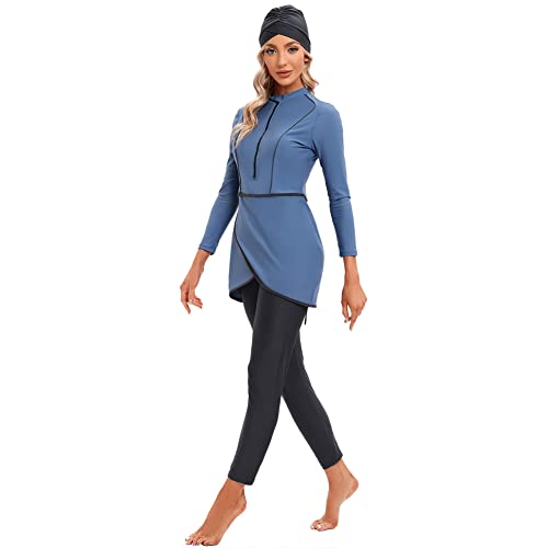 IMEKIS Damen Burkini Muslim Badeanzug Blume Bescheidene Bademode Islamisches Schwimmanzug Langarm Rash Guard Reißverschluss Badeoberteil mit Badehose Hijab 3tlg Tankini Set Blau+Schwarz 4XL von IMEKIS