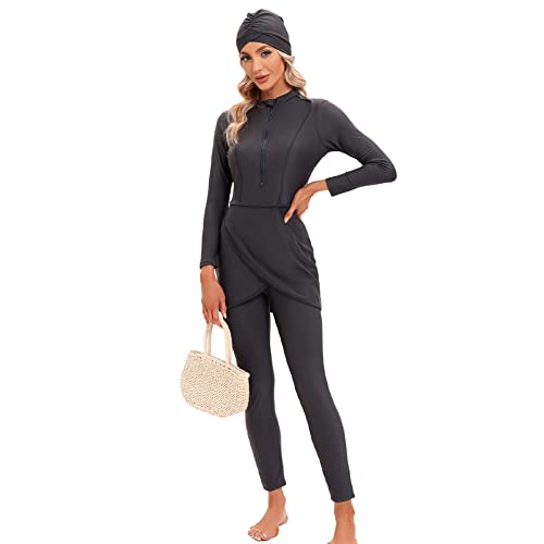 IMEKIS Damen Burkini Muslim Badeanzug Blume Bescheidene Bademode Islamisches Schwimmanzug Langarm Rash Guard Reißverschluss Badeoberteil mit Badehose Hijab 3tlg Tankini Set Dunkelgrau 3XL von IMEKIS