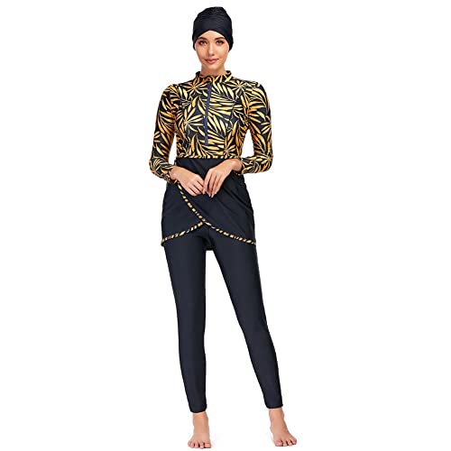 IMEKIS Damen Burkini Muslim Badeanzug Blume Bescheidene Bademode Islamisches Schwimmanzug Langarm Rash Guard Reißverschluss Badeoberteil mit Badehose Hijab 3tlg Tankini Set Gelb 1 S von IMEKIS