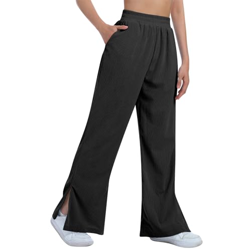 IMEKIS Damen Cordhosen Hohe Taille Lange Weite Bein Hose Seitenschlitze Flare Hosen Einfarbig Lose Fit Freizeithose Palazzo Hosen Herbst Winter Lounge Hosen mit Taschen Schwarz M von IMEKIS