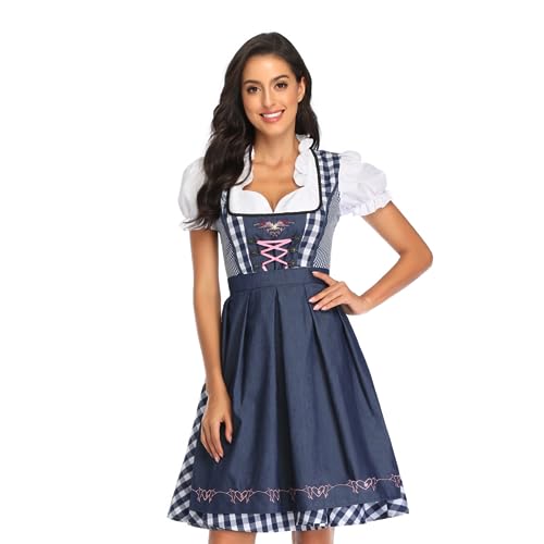 IMEKIS Damen Deutsch Dirndl Kleid Oktoberfest Kostüm Bayerische Traditionelle Bier Festlich Outfit Kurzarm Kariert Kleid mit Schürze Fancy Halloween Karneval Kostüm Marineblau L von IMEKIS