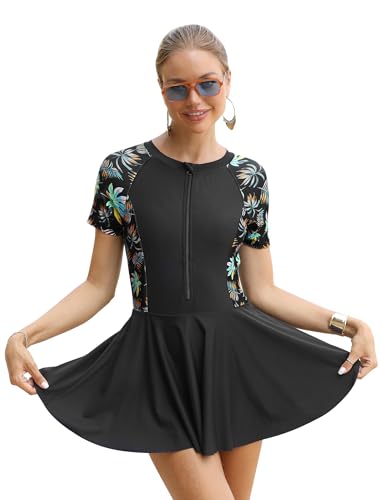 IMEKIS Damen Einteilige Badekleid mit Shorts Kurzarm Zip Up Tropischer Druck Rash Guard Badeanzug Bauchweg Bademode Modest Schwimmanzug Schwarz XXL von IMEKIS