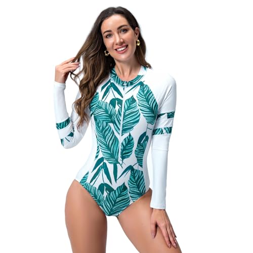 IMEKIS Damen Einteiliger Badeanzug Langarm Rash Guard Tropischer Druck Gepolsterte Bademode UV-Schutz Wetsuit Reißverschluss Surfen Schwimmanzug Grün XXL von IMEKIS