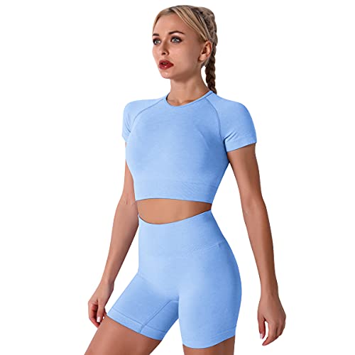 IMEKIS Damen Fitness Set Zweiteilig Workout Outfit Kurzärm Sport Crop Top mit Hoher Taille Shorts Nahtlos Yoga Kleidung Sommer Laufen Trainingsanzug Fitness Activewear Blau S von IMEKIS