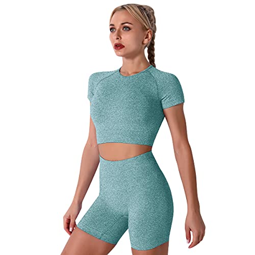 IMEKIS Damen Fitness Set Zweiteilig Workout Outfit Kurzärm Sport Crop Top mit Hoher Taille Shorts Nahtlos Yoga Kleidung Sommer Laufen Trainingsanzug Fitness Activewear Grün S von IMEKIS