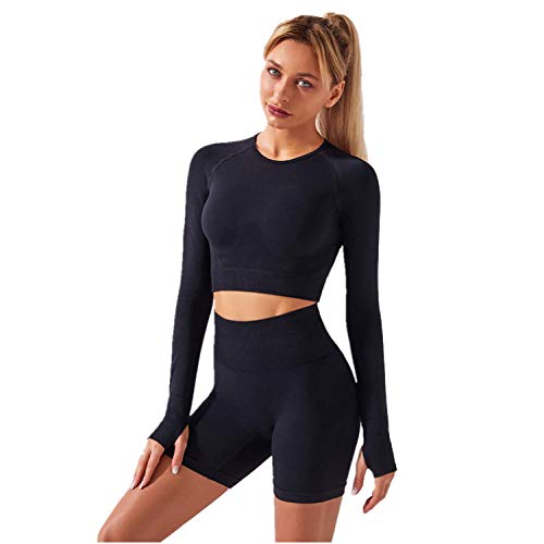 IMEKIS Damen Fitness Set Zweiteilig Workout Outfit Langarm Sport Crop Top mit Hoher Taille Shorts Nahtlos Yoga Kleidung Sommer Laufen Trainingsanzug Fitness Activewear Schwarz M von IMEKIS