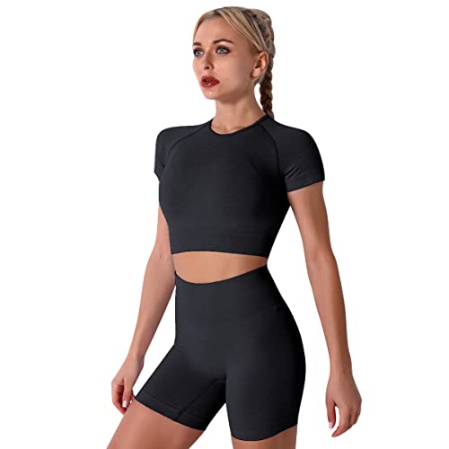 IMEKIS Damen Fitness Set Zweiteilig Workout Trainingsanzug Outfit Kurzärm Sport Crop Top mit Hoher Taille Shorts Nahtlos Yoga Kleidung Sommer Laufen Fitness Activewear Schwarz 1 M von IMEKIS