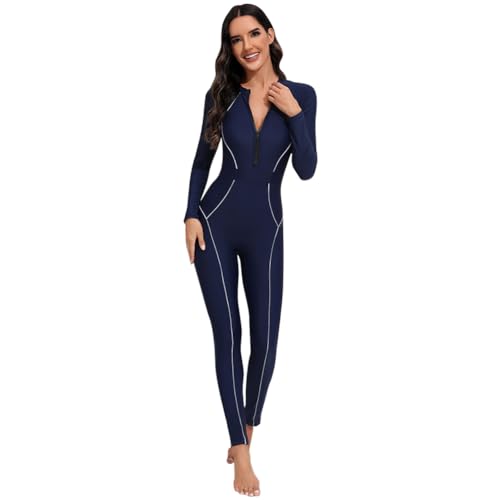 IMEKIS Damen Ganzk?rper Rash Guard Badeanzug Langarm Tropische Einteilige Bademode Gepolsterte Bescheidene Schwimmenanzug UV UPF 50 Rei?verschluss Surfen Badebekleidung Marineblau XL von IMEKIS