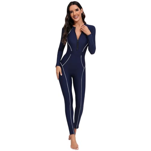 IMEKIS Damen Ganzk?rper Rash Guard Badeanzug Langarm Tropische Einteilige Bademode Gepolsterte Bescheidene Schwimmenanzug UV UPF 50 Rei?Verschluss Surfen Badebekleidung Marineblau XL von IMEKIS