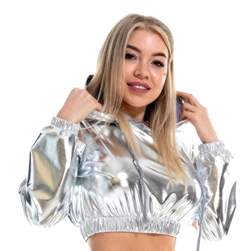 IMEKIS Damen Glänzende Metallic Langarmshirt Kapuzen Sweatshirts Crop Top Wetlook Lässig Pullover mit Kordelzug Holografischer Hip Hop Nachtclub Performance Tanzbekleidung Silber XXL von IMEKIS