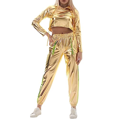 IMEKIS Damen Glänzende Metallic Trainingsanzug Jogginganzug Sportanzug Langarm Kapuzen Crop Top und Cargohose 2er Hosenanzug Hausanzug Nachtclub Performance Tanzbekleidung Gold+Grün XXL von IMEKIS