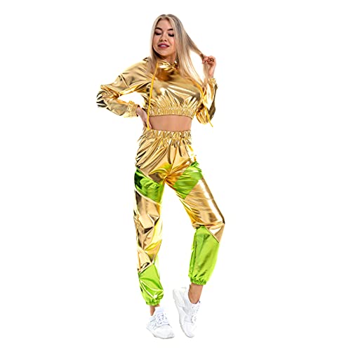 IMEKIS Damen Glänzende Metallic Trainingsanzug Jogginganzug Sportanzug Langarm Kapuzen Crop Top und Cargohose 2er Hosenanzug Hausanzug Nachtclub Performance Tanzbekleidung Golden Small von IMEKIS