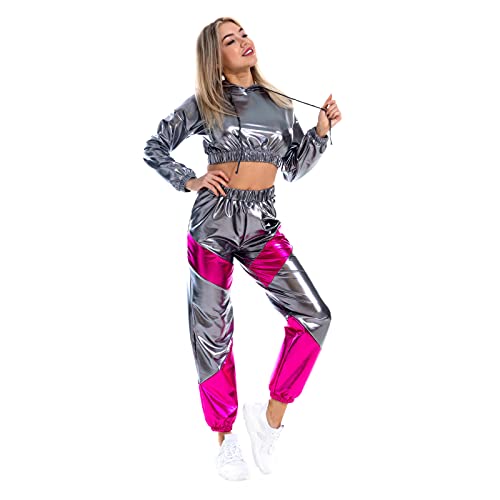 IMEKIS Damen Glänzende Metallic Trainingsanzug Jogginganzug Sportanzug Langarm Kapuzen Crop Top und Cargohose 2er Hosenanzug Hausanzug Nachtclub Performance Tanzbekleidung Grau Medium von IMEKIS