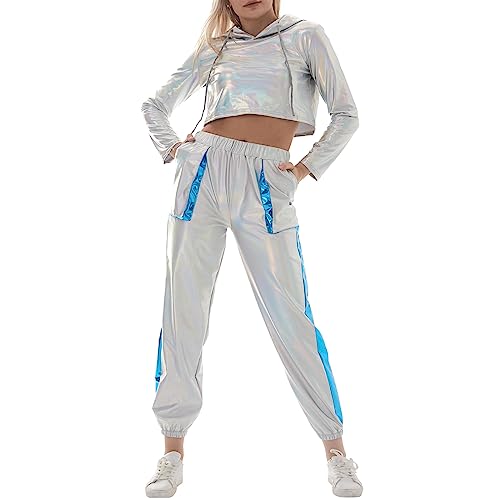 IMEKIS Damen Glänzende Metallic Trainingsanzug Jogginganzug Sportanzug Langarm Kapuzen Crop Top und Cargohose 2er Hosenanzug Hausanzug Nachtclub Performance Tanzbekleidung Holographisch Silber XXL von IMEKIS