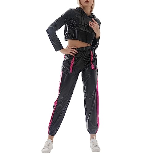 IMEKIS Damen Glänzende Metallic Trainingsanzug Jogginganzug Sportanzug Langarm Kapuzen Crop Top und Cargohose 2er Hosenanzug Hausanzug Nachtclub Performance Tanzbekleidung Schwarz+Rose S von IMEKIS