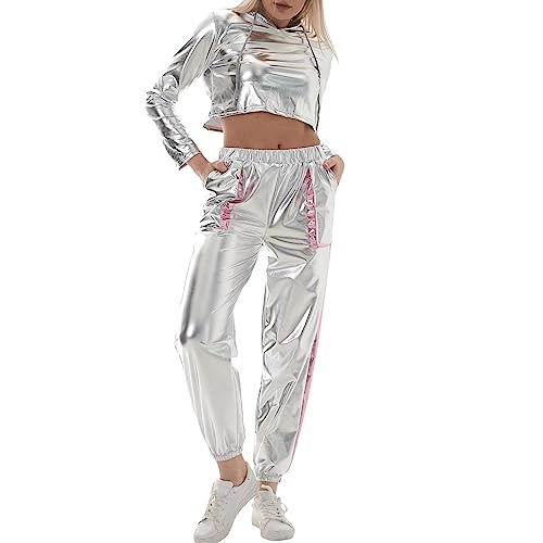 IMEKIS Damen Gl?nzende Metallic Trainingsanzug Jogginganzug Sportanzug Langarm Kapuzen Crop Top und Cargohose 2er Hosenanzug Hausanzug Nachtclub Performance Tanzbekleidung Silber+Rosa L von IMEKIS