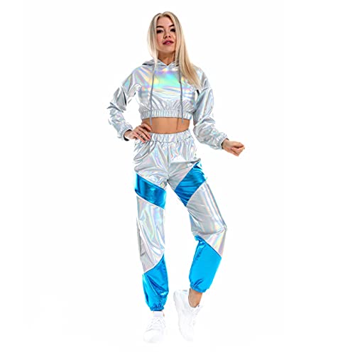 IMEKIS Damen Glänzende Metallic Trainingsanzug Jogginganzug Sportanzug Langarm Kapuzen Crop Top und Cargohose 2er Hosenanzug Hausanzug Nachtclub Performance Tanzbekleidung Silber Large von IMEKIS