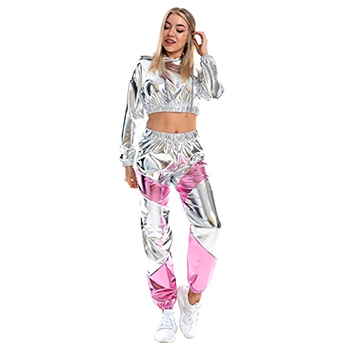 Damen Glänzende Metallic Trainingsanzug Jogginganzug Sportanzug Langarm Kapuzen Crop Top und Cargohose 2er Hosenanzug Hausanzug Nachtclub Performance Tanzbekleidung Silber-Rosa Medium von IMEKIS