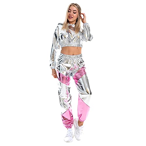 IMEKIS Damen Glänzende Metallic Trainingsanzug Jogginganzug Sportanzug Langarm Kapuzen Crop Top und Cargohose 2er Hosenanzug Hausanzug Nachtclub Performance Tanzbekleidung Silber-Rosa Small von IMEKIS