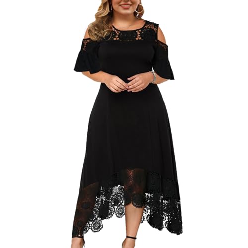 IMEKIS Damen Große Größen Abendkleid Kurzarm Kalte Schulter Cocktailkleid Blumen Spitze Partykleid Unregelmäßiger Saum Rüschen Midi Kleid Elegante Hochzeitgastskleid Festlich Ballkleid Schwarz 3XL von IMEKIS