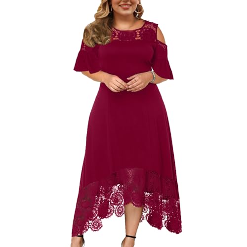 IMEKIS Damen Große Größen Abendkleid Kurzarm Kalte Schulter Cocktailkleid Blumen Spitze Partykleid Unregelmäßiger Saum Rüschen Midi Kleid Elegante Hochzeitgastskleid Festlich Ballkleid Weinrot XL von IMEKIS