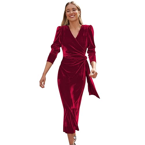 IMEKIS Damen Herbst Winter Samt Kleid Langarm V-Ausschnitt Gerüscht Bodycon Lang Kleid Weihnachtsfest Kleid Elegante Hochzeit Cocktailkleid Festlich Abendkleid Dunkelrot L von IMEKIS