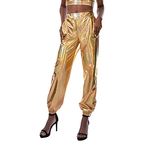 IMEKIS Damen Hohe Taille Cargohose Glänzend Wetlook Elastischer Bund Hologramm Hip Hop Tanzhose Lackleder Jogger Casual Streethose Bühnen Auftritt Partyhose Nachtclub Disco Clubwear Gold 2XL von IMEKIS