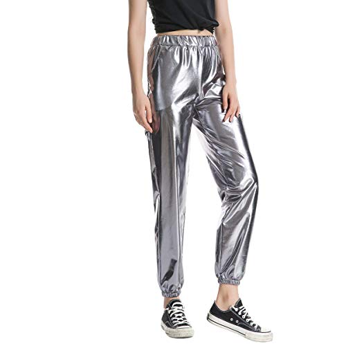 IMEKIS Damen Hohe Taille Cargohose Glänzend Wetlook Elastischer Bund Hologramm Hip Hop Tanzhose Lackleder Jogger Casual Streethose Bühnen Auftritt Partyhose Nachtclub Disco Clubwear Grau 2XL von IMEKIS