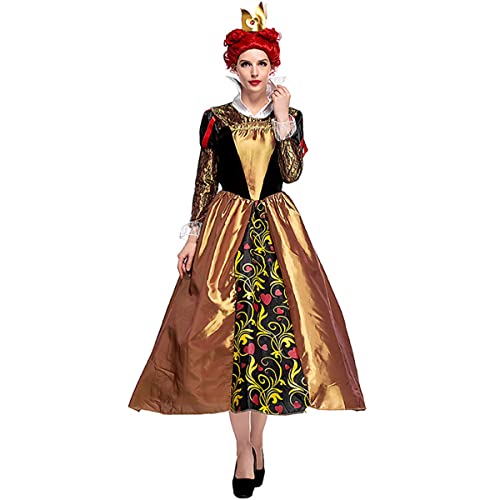 IMEKIS Damen Königin der Herzen Kostüm Erwachsene Halloween Fancy Ankleiden Märchen Böse Königin Faschingskostüm mit Krone Lange Maxi Ballkleid Karneval Cosplay Party Set Gelb+Krone L von IMEKIS