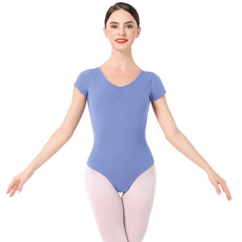 IMEKIS Damen Ballettanzug Kurzarm V-Ausschnitt Ballett Trikot Blumenspitze Rückenfrei Tanzbody Gymnastikanzug Einfarbig Gymnastik Ballerina Top Tanzbekleidung Blau XXL von IMEKIS