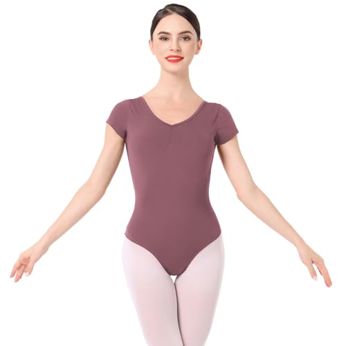 IMEKIS Damen Ballettanzug Kurzarm V-Ausschnitt Ballett Trikot Blumenspitze Rückenfrei Tanzbody Gymnastikanzug Einfarbig Gymnastik Ballerina Top Tanzbekleidung Dunkelrot XL von IMEKIS