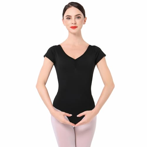 IMEKIS Damen Ballettanzug Kurzarm V-Ausschnitt Ballett Trikot Blumenspitze Rückenfrei Tanzbody Gymnastikanzug Einfarbig Gymnastik Ballerina Top Tanzbekleidung Schwarz S von IMEKIS