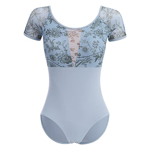 IMEKIS Damen Blume Ballettanzug Kurzarm Rückenfrei Tanzbody Ballett Trikot Top Gymnastikanzug Ballettkleidung Ballerina Tanzkleidung mit Abnehmbaren BH-Pad Blau L von IMEKIS