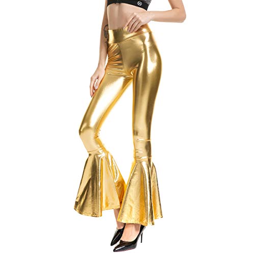 IMEKIS Damen Lang Leggins 70er Jahre Hippie-Hosen Schlaghose Trompetenhosen Hoch Taille Einfarbig Wet Look Glänzend Weites Bein Yogahosen Nachtclub Disco Kleidung Meerjungfrau Tanz Kostüm Gold L von IMEKIS