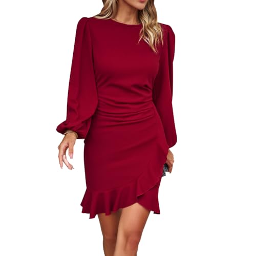 IMEKIS Damen Langarm Bodycon Mini Kleid Elegant Rüschen Cocktailkleid Hochzeit Festlich Abendkleid Einfarbig Rundhals Herbst Winter Party Kleid Weinrot XL von IMEKIS