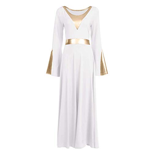 IMEKIS Damen Liturgisch Lob Kleid Lyrisch TanzKleid Glockenärmel Maxikleid Metallisch Patchwork Faltenrock Basic Swing Freizeitkleid Elegant Festlich Cocktailkleid Partykleid Weiß L von IMEKIS