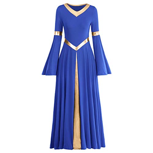 IMEKIS Damen Liturgisch Lob Kleid Metallic Splei� Lyrisch Tanzkleider Langarm V-Ausschnitt Casual Lang Faltenrock Freizeitkleid Kirche Anbetung Gebet Kleider Ballsaal Dancewear K�nigsblau M von IMEKIS