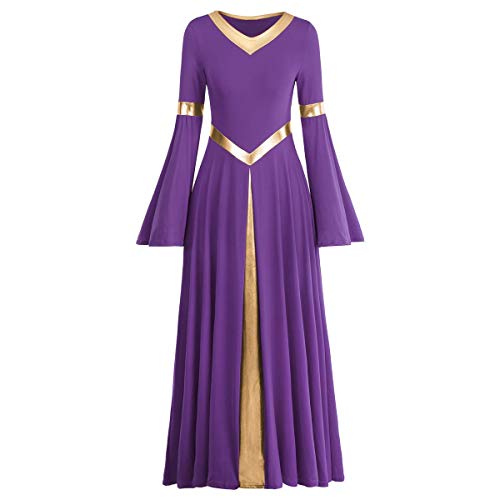 IMEKIS Damen Liturgisch Lob Kleid Metallic Spleiß Lyrisch Tanzkleider Langarm V-Ausschnitt Casual Lang Faltenrock Freizeitkleid Kirche Anbetung Gebet Kleider Ballsaal Dancewear Lila M von IMEKIS