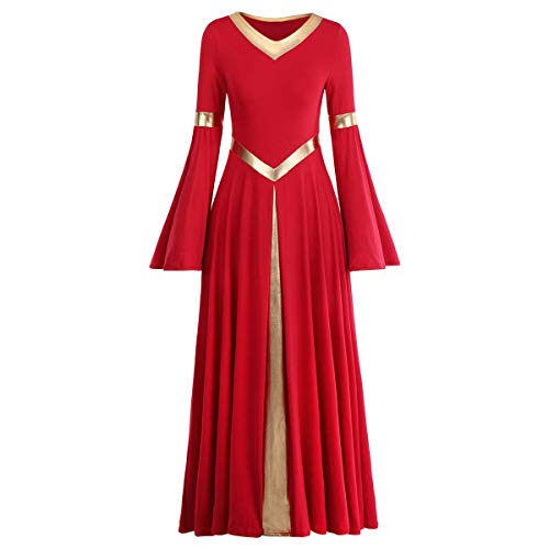 IMEKIS Damen Liturgisch Lob Kleid Metallic Spleiß Lyrisch Tanzkleider Langarm V-Ausschnitt Casual Lang Faltenrock Freizeitkleid Kirche Anbetung Gebet Kleider Ballsaal Dancewear Rot L von IMEKIS