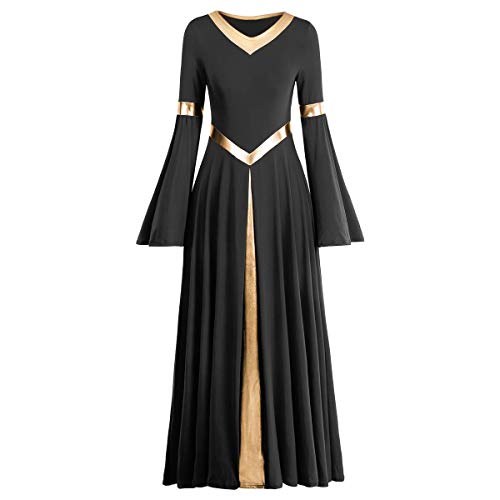 IMEKIS Damen Liturgisch Lob Kleid Metallic Spleiß Lyrisch Tanzkleider Langarm V-Ausschnitt Casual Lang Faltenrock Freizeitkleid Kirche Anbetung Gebet Kleider Ballsaal Dancewear Schwarz 2XL von IMEKIS