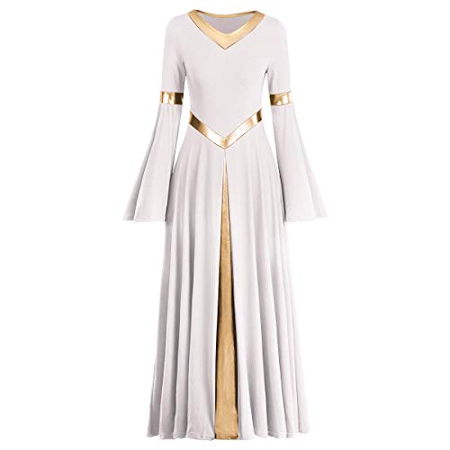 IMEKIS Damen Liturgisch Lob Kleid Metallic Spleiß Lyrisch Tanzkleider Langarm V-Ausschnitt Casual Lang Faltenrock Freizeitkleid Kirche Anbetung Gebet Kleider Ballsaal Dancewear Weiß 2XL von IMEKIS