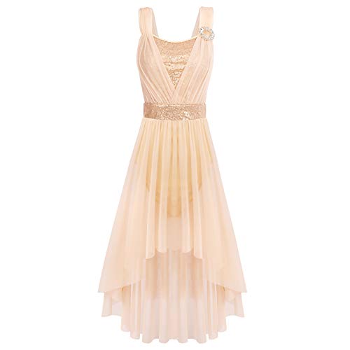 IMEKIS Damen Lyrisch Balletttanzkleid Stretchy Pailletten Tüll Gespleißte Gymnastik Trikot High-Low Rock Asymmetrisch Zeitgenössische Moderne Tanzkleidung Champagner XL von IMEKIS