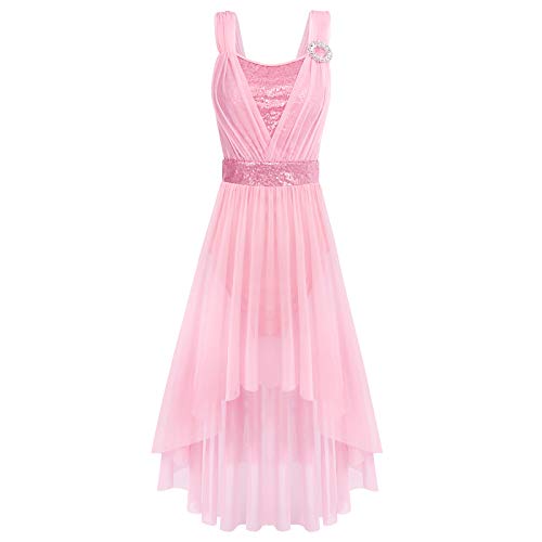 IMEKIS Damen Lyrisch Balletttanzkleid Stretchy Pailletten Tüll Gespleißte Gymnastik Trikot High-Low Rock Asymmetrisch Zeitgenössische Moderne Tanzkleidung Rosa L von IMEKIS