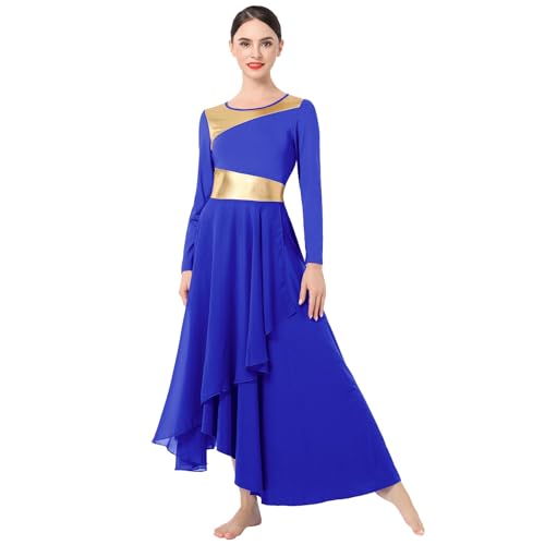 IMEKIS Damen Lyrische Tanzkleid Metallische Gold Liturgische Lob Tanzbekleidung Langarm Chiffon Asymmetrische Rüschen Kleid Kirche Anbetung Gebetskleid Blau S von IMEKIS