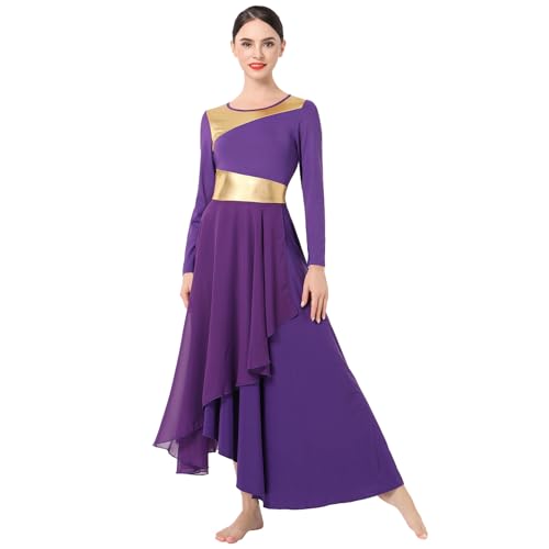 IMEKIS Damen Lyrische Tanzkleid Metallische Gold Liturgische Lob Tanzbekleidung Langarm Chiffon Asymmetrische Rüschen Kleid Kirche Anbetung Gebetskleid Lila S von IMEKIS