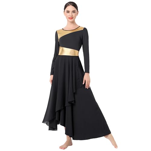 IMEKIS Damen Lyrische Tanzkleid Metallische Gold Liturgische Lob Tanzbekleidung Langarm Chiffon Asymmetrische Rüschen Kleid Kirche Anbetung Gebetskleid Schwarz L von IMEKIS