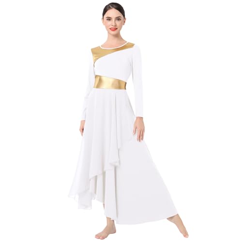 IMEKIS Damen Lyrische Tanzkleid Metallische Gold Liturgische Lob Tanzbekleidung Langarm Chiffon Asymmetrische Rüschen Kleid Kirche Anbetung Gebetskleid Weiß S von IMEKIS