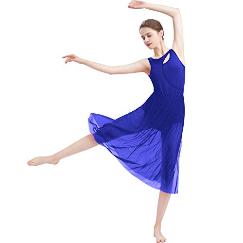 IMEKIS Damen Lyrisches Ballett Tanzkleid Ärmellos Cutout Gymnastik Trikot mit Seitlich Geteiltem Tüll Schnittrock Zeitgenössisches Modernes Tanzkostüm Ballsaal Tanzkleidung Blau S von IMEKIS